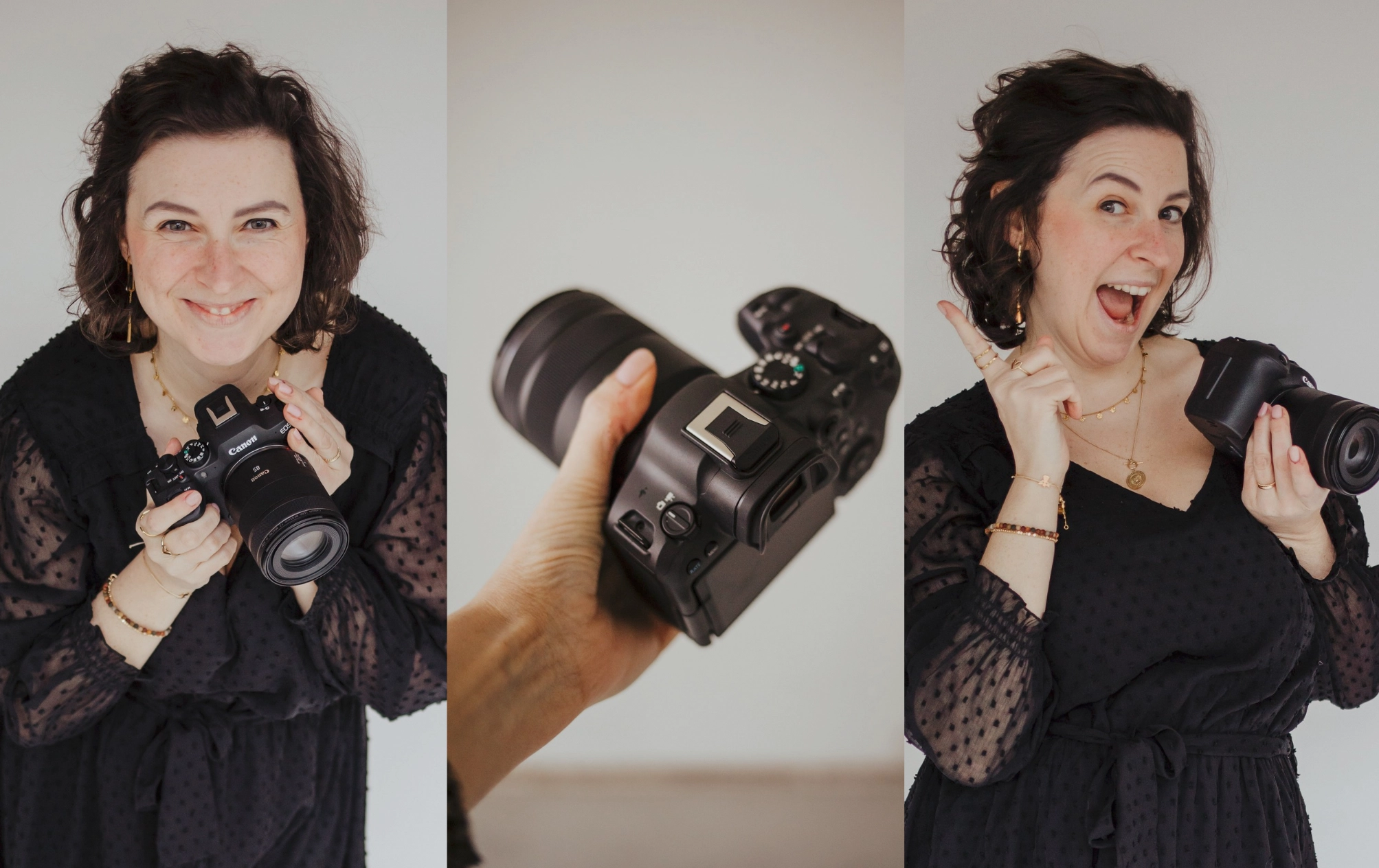 Nahaufnahmen von junger Frau mit braunen kurzen Haaren und schwarzem Kleid. Sie hält eine Kamera in der Hand und macht lustige Gesichtsausdrücke